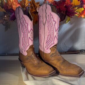 JUSTIN Made in USA Pink & Brown Leather Square Toe Boots Women's Size 7.5 B